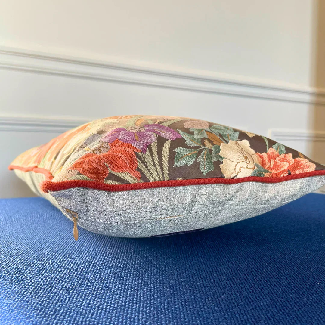 MAISON MIYABI Paris vintage Obi Kimono cushion floral embroidery multicolor