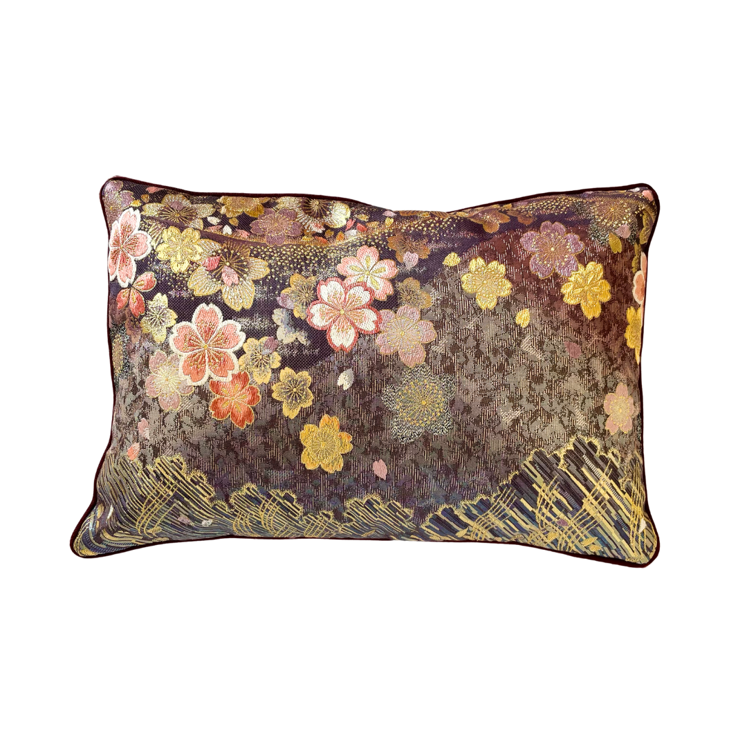 Obi-Kimono cushion: Yozakura (cherry trees at night) with dark purple piping