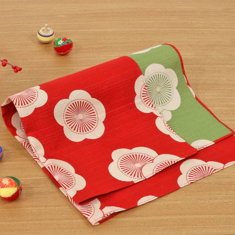 Serviette Furoshiki ISA Monyo Double Face : Umé (Prune) Rouge et Vert
