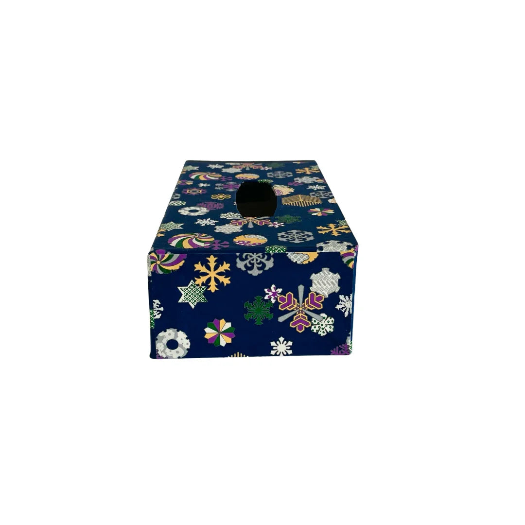 Navy blue Japanese tissue box cover with colorful kimono-inspired floral patterns