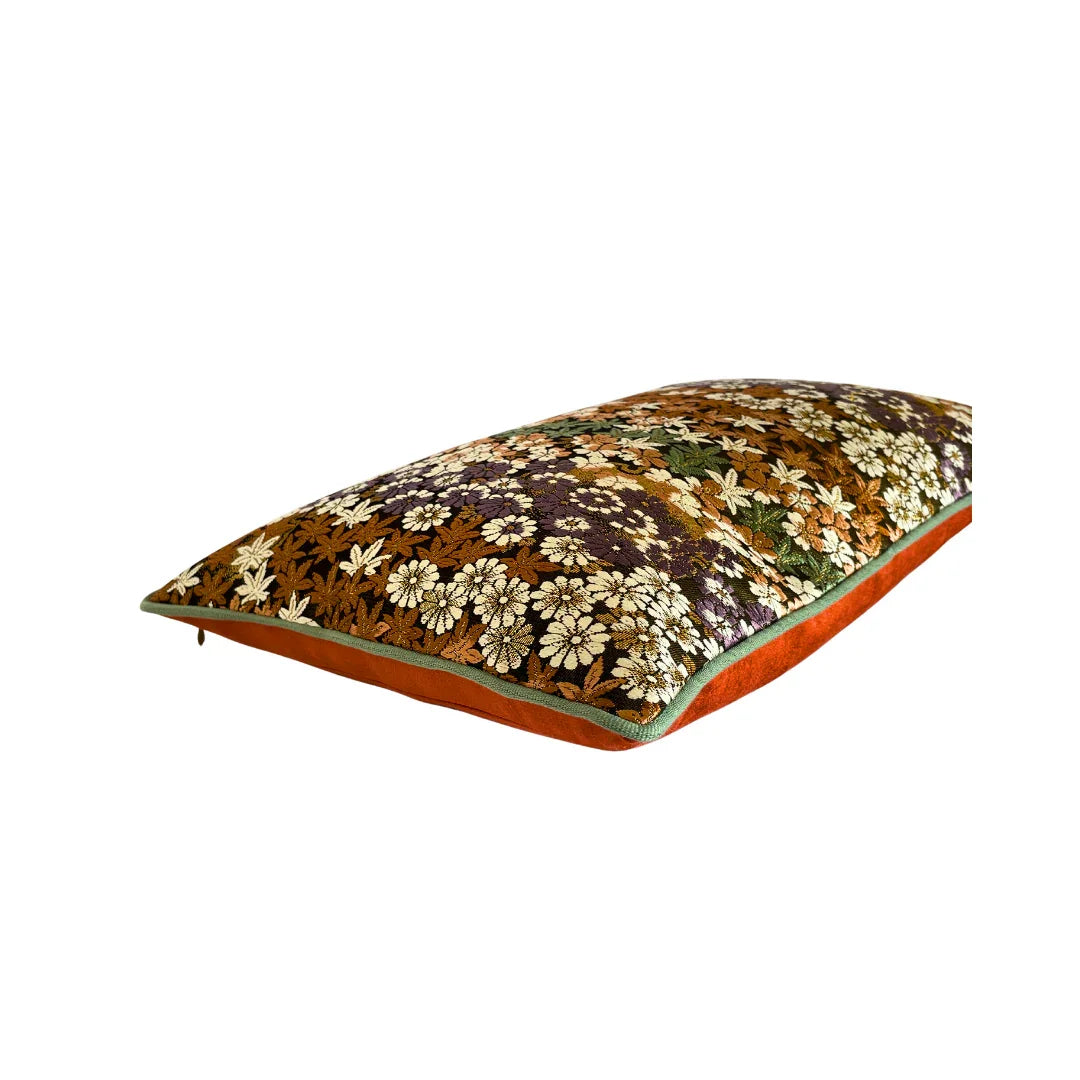 Rectangular Japanese vintage Obi-Kimono cushion with floral embroidery on orange base