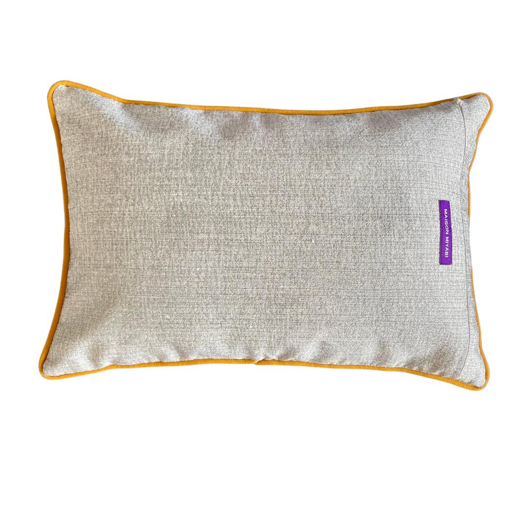 Coussin Obi-Kimono : Gokuraku (Paradis) / Lotus avec le passepoil moutarde