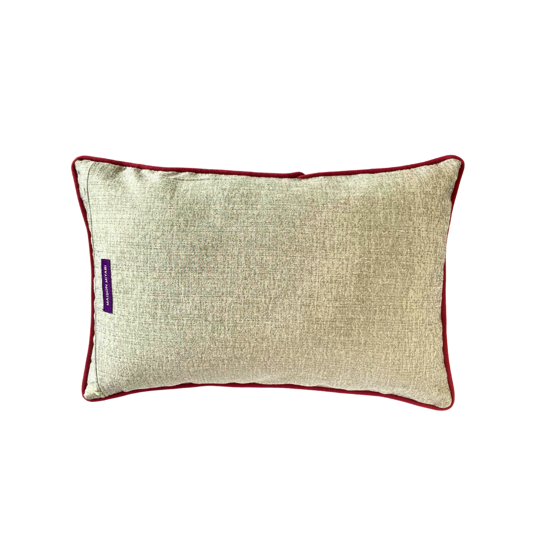 Coussin Obi-Kimono : Botan (Pivoine) avec le passepoil vieux rose