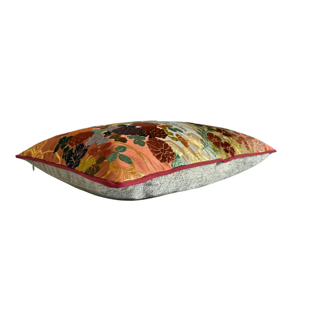 Vintage Japanese Obi Kimono cushion with floral embroidery and grey fabric back