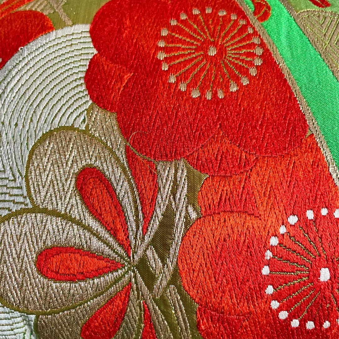 Vintage Japanese kimono obi fabric with red and gold floral embroidery