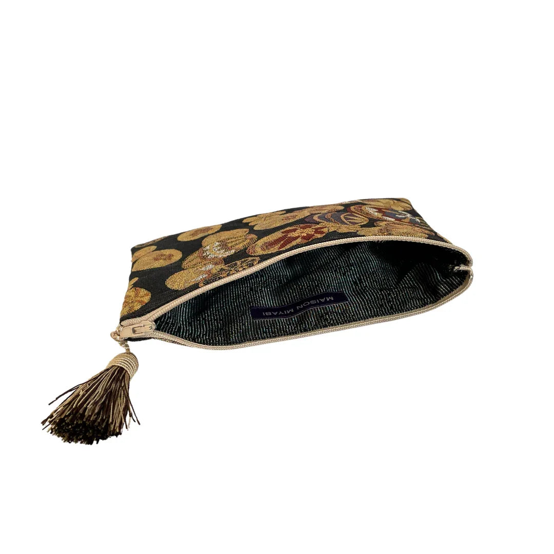 Vintage Japanese obi-kimono fabric pouch with floral design and tassel zipper.