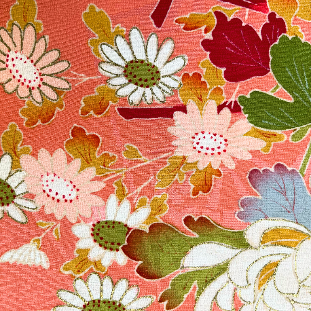 Kimono fabric panel: Chrysanthemums and Daisies