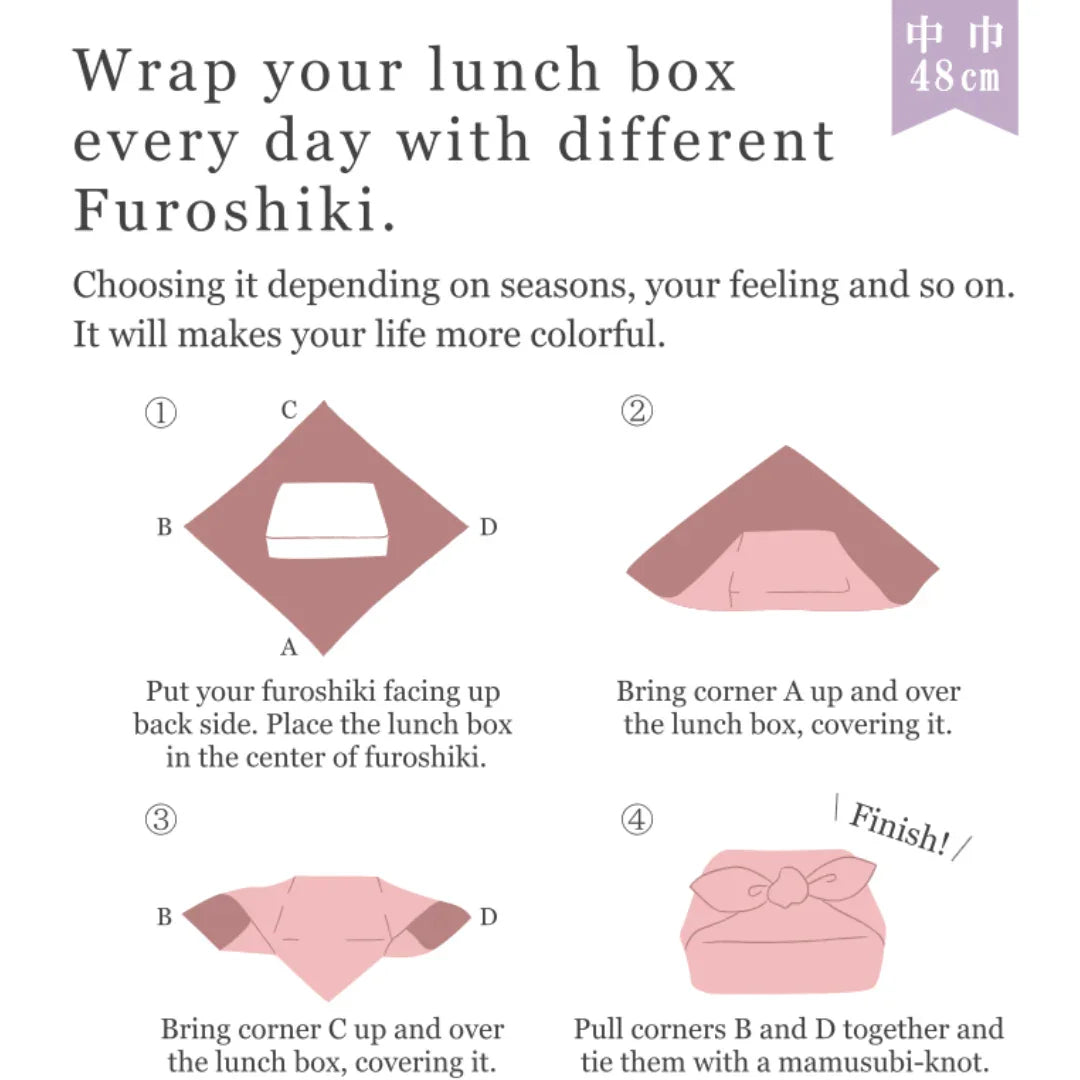 Step-by-step guide showing how to wrap a lunch box with a 48cm furoshiki cloth using Japanese folding and knotting techniques.