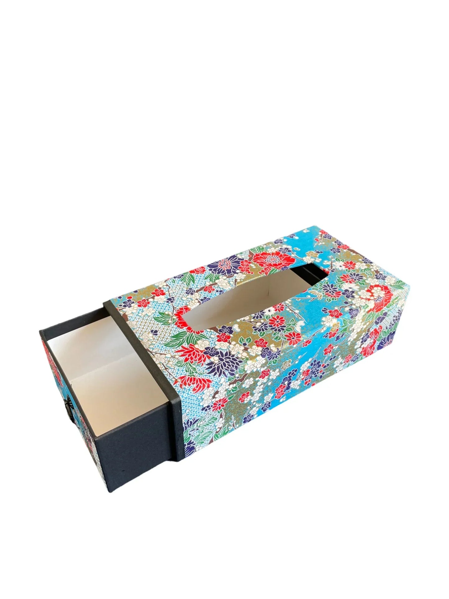 Japanese patterned floral tissue box cover with sliding drawer and vibrant blue colors