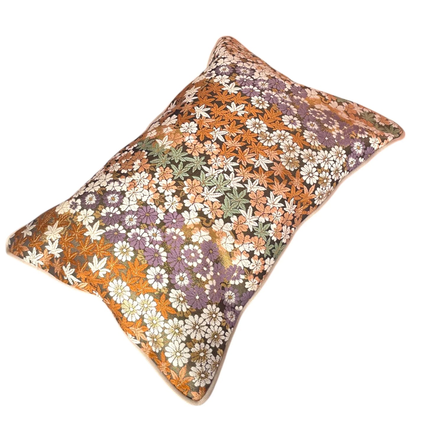 Vintage floral Japanese obi kimono cushion with orange, purple, and white embroidered flowers