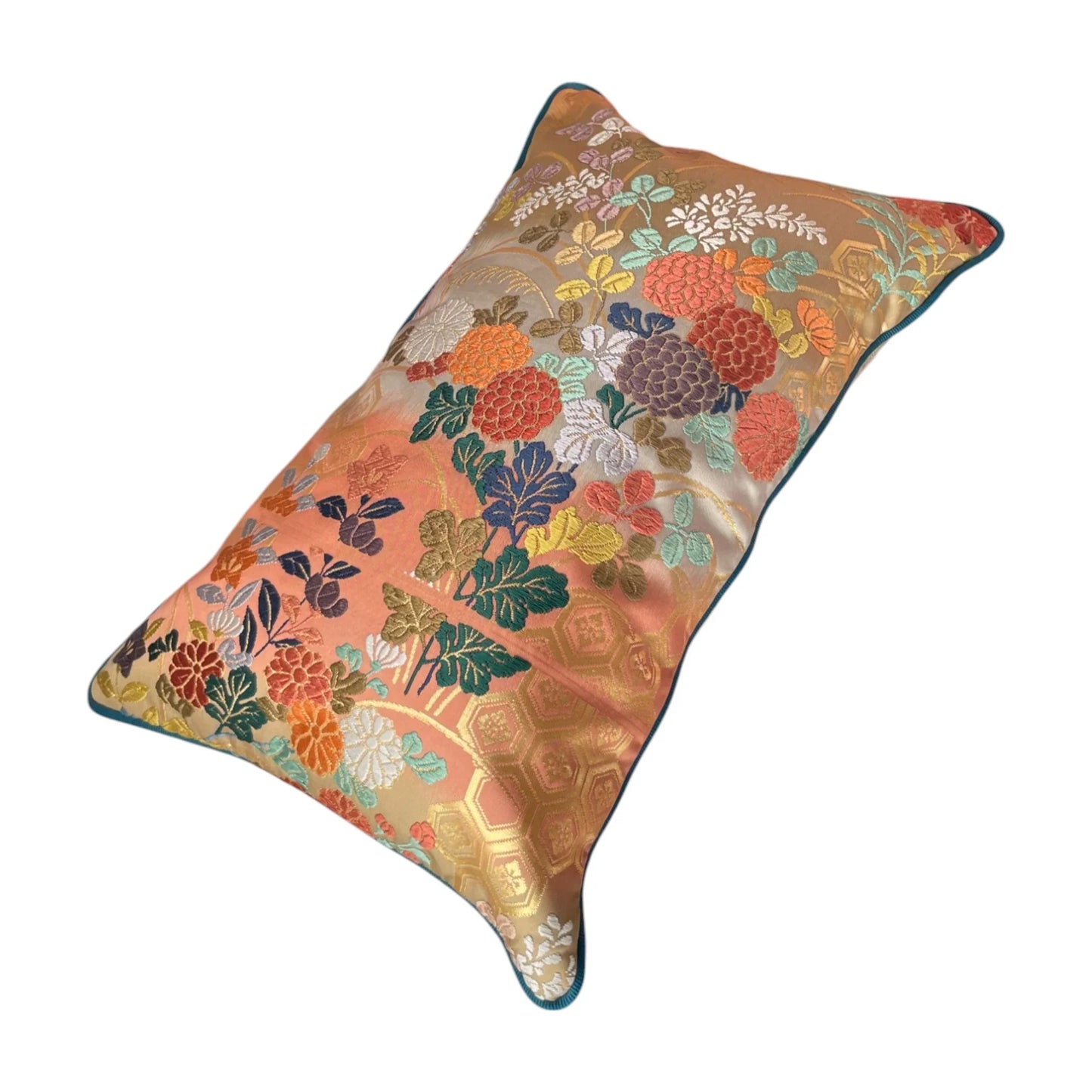 Rectangular vintage Japanese Obi-Kimono cushion with floral and geometric gold patterns