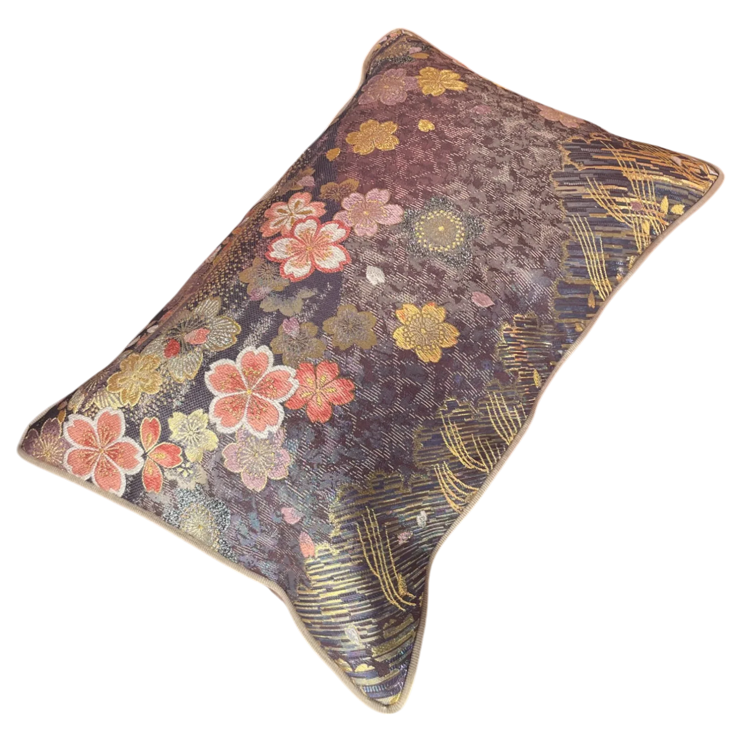 Rectangular vintage Obi-Kimono cushion with intricate floral and gold pattern on purple fabric