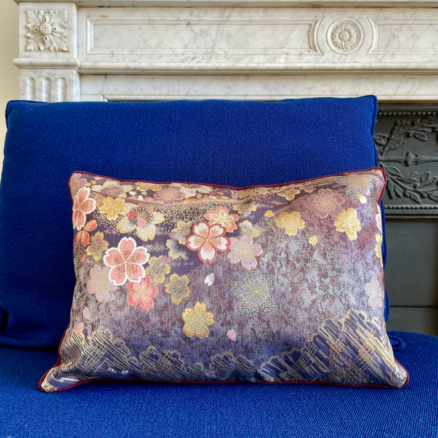 Obi-Kimono cushion: Yozakura (cherry trees at night) with dark purple piping