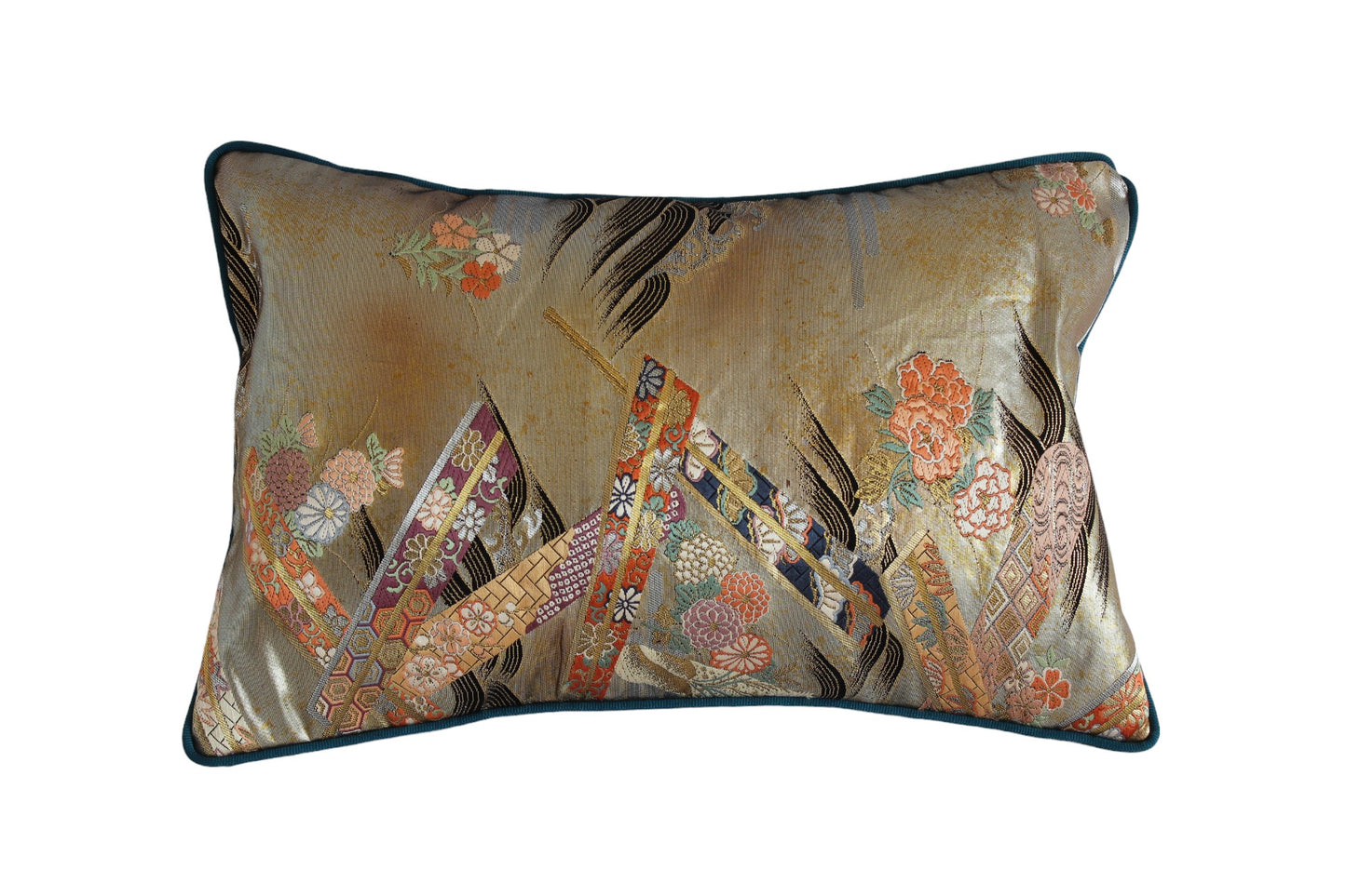 Obi-Kimono cushion : Kin (Gold) / Chrysanthemums, Japanese ribbons with sea green piping