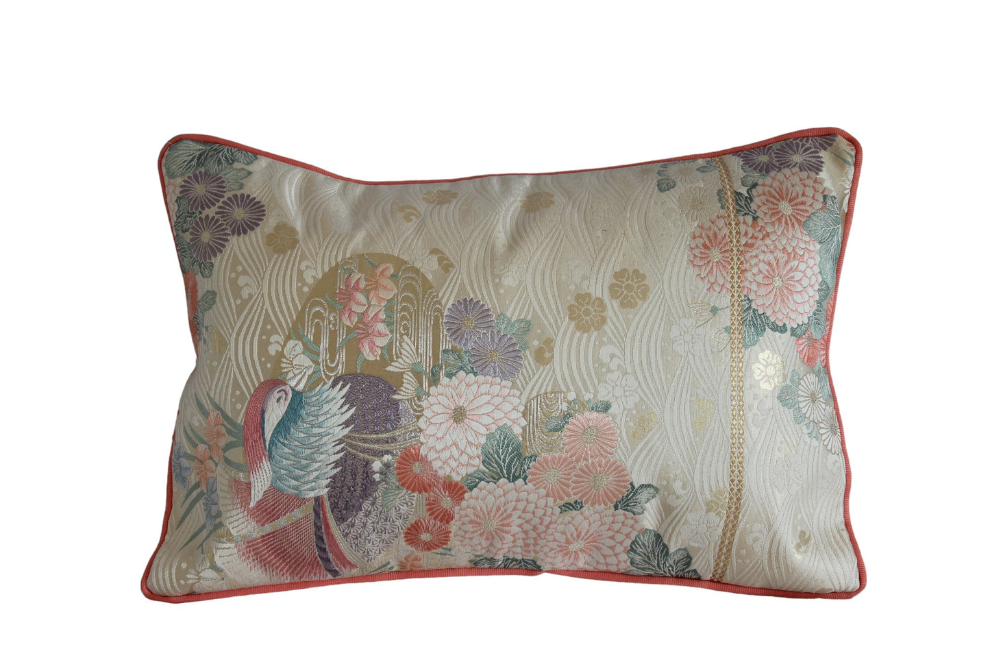 Obi-Kimono cushion : Oshidori (Mandarin duck) with pink piping