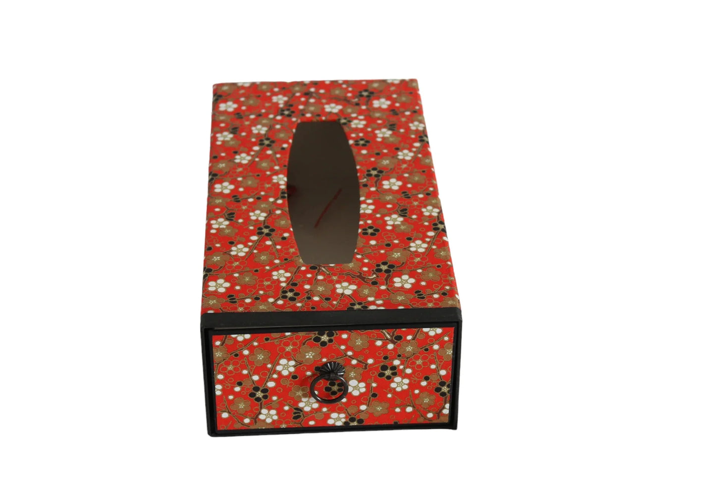 Japanese floral red fabric tissue box cover with drawer and decorative handle