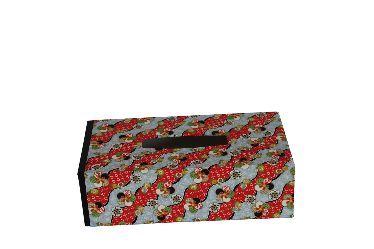 Rectangular tissue box cover with Japanese kimono-style floral fabric in red and blue