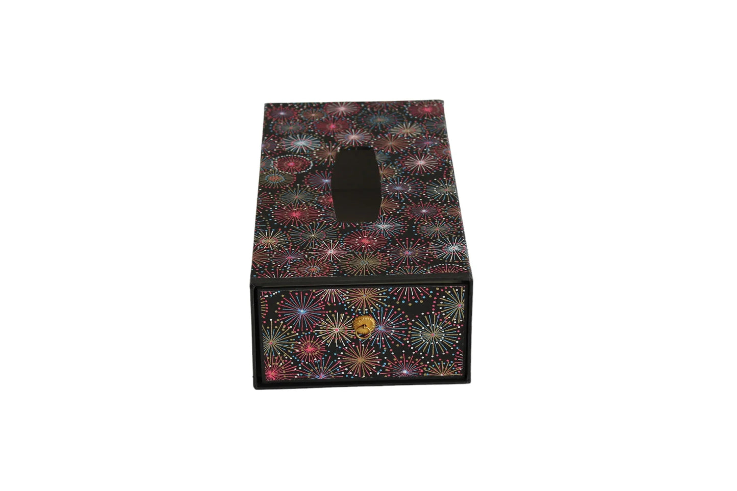 Rectangular drawer box with colorful Japanese fireworks pattern on black background