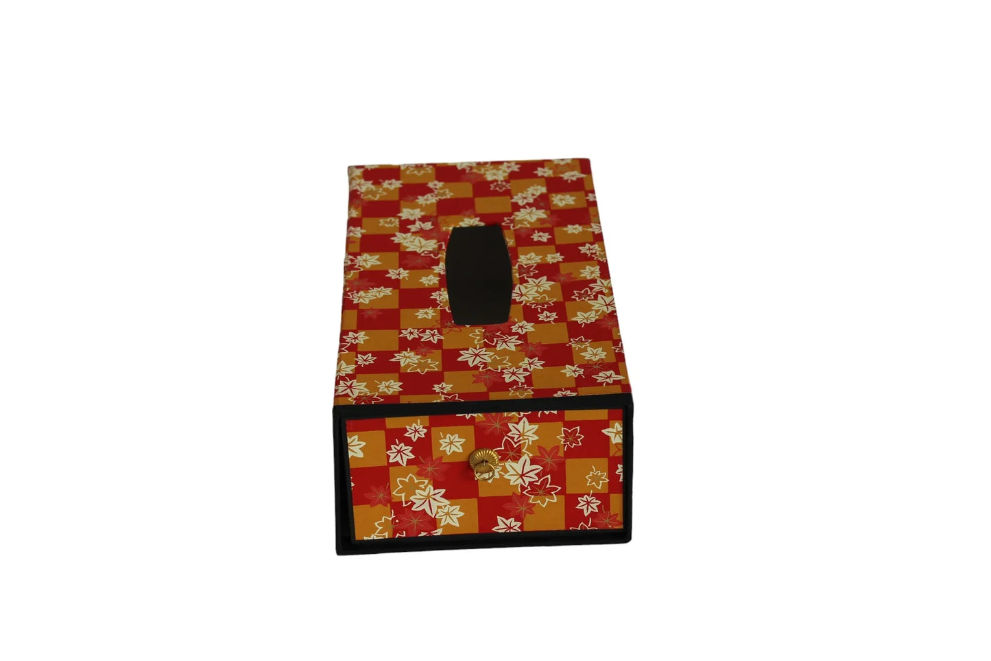 Japanese-style tissue box cover with red and gold floral pattern and drawer