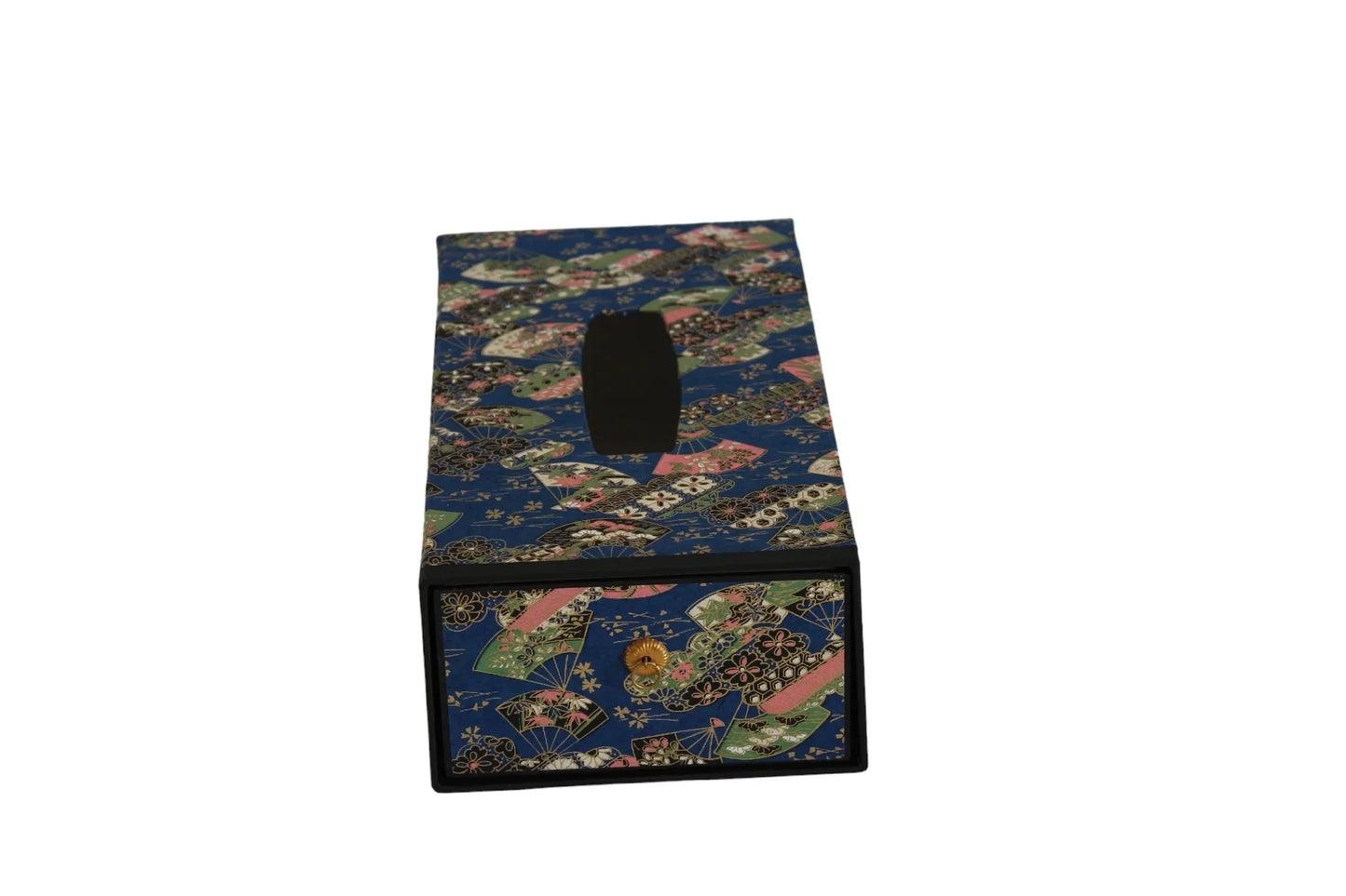 Japanese patterned blue tissue box cover with decorative fan motifs and gold drawer knob