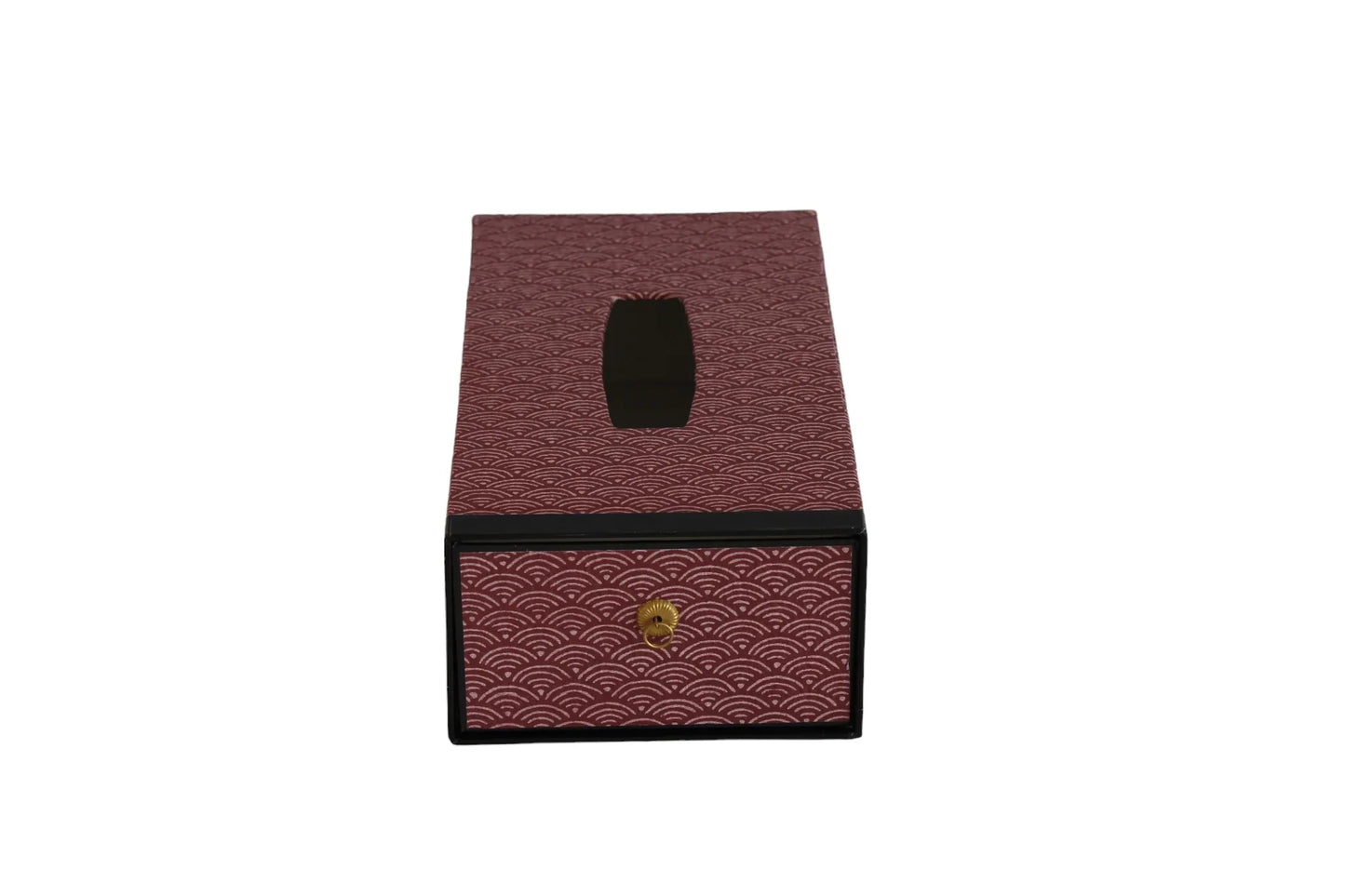 Rectangular Japanese patterned tissue box holder with drawer, red and white wave motif