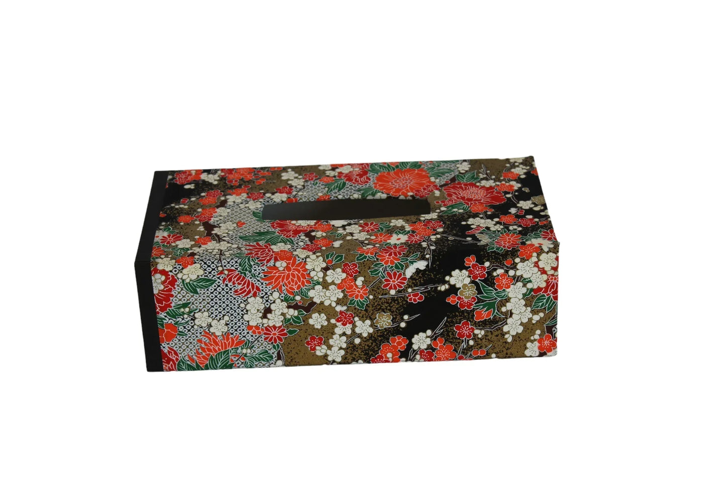 Japanese floral pattern tissue box cover with vibrant red, white, and green design, MAISON MIYABI Paris