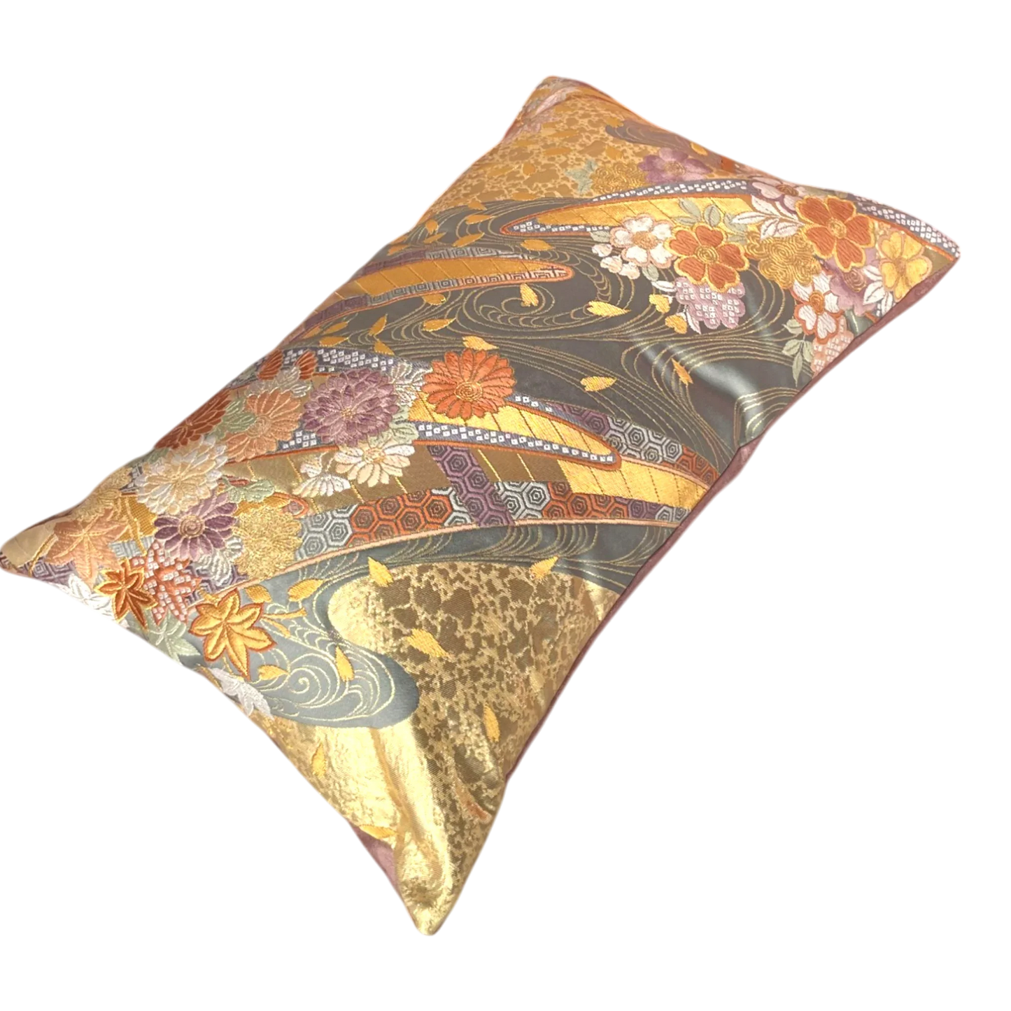 Rectangular cushion with vintage Japanese obi kimono fabric, gold floral embroidery