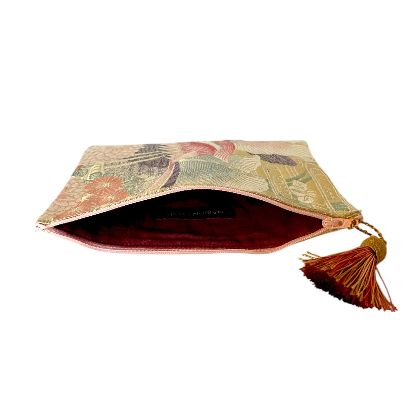 Vintage Japanese Obi-Kimono zipper pouch with tassel and floral crane pattern