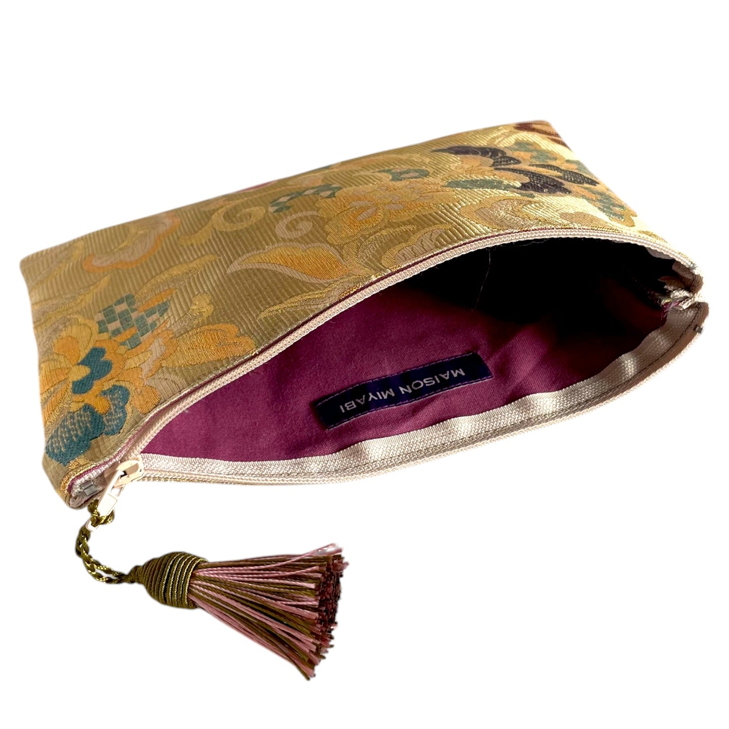 Vintage obi kimono clutch bag with floral pattern, tassel zipper, and purple lining