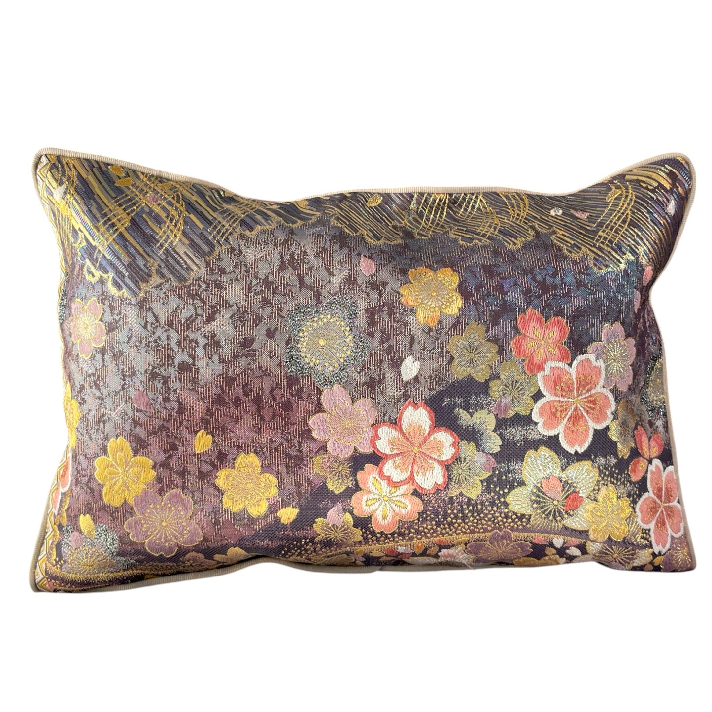 Coussin Obi-Kimono : Yozakura (cerisiers la nuit) avec le passepoil beige