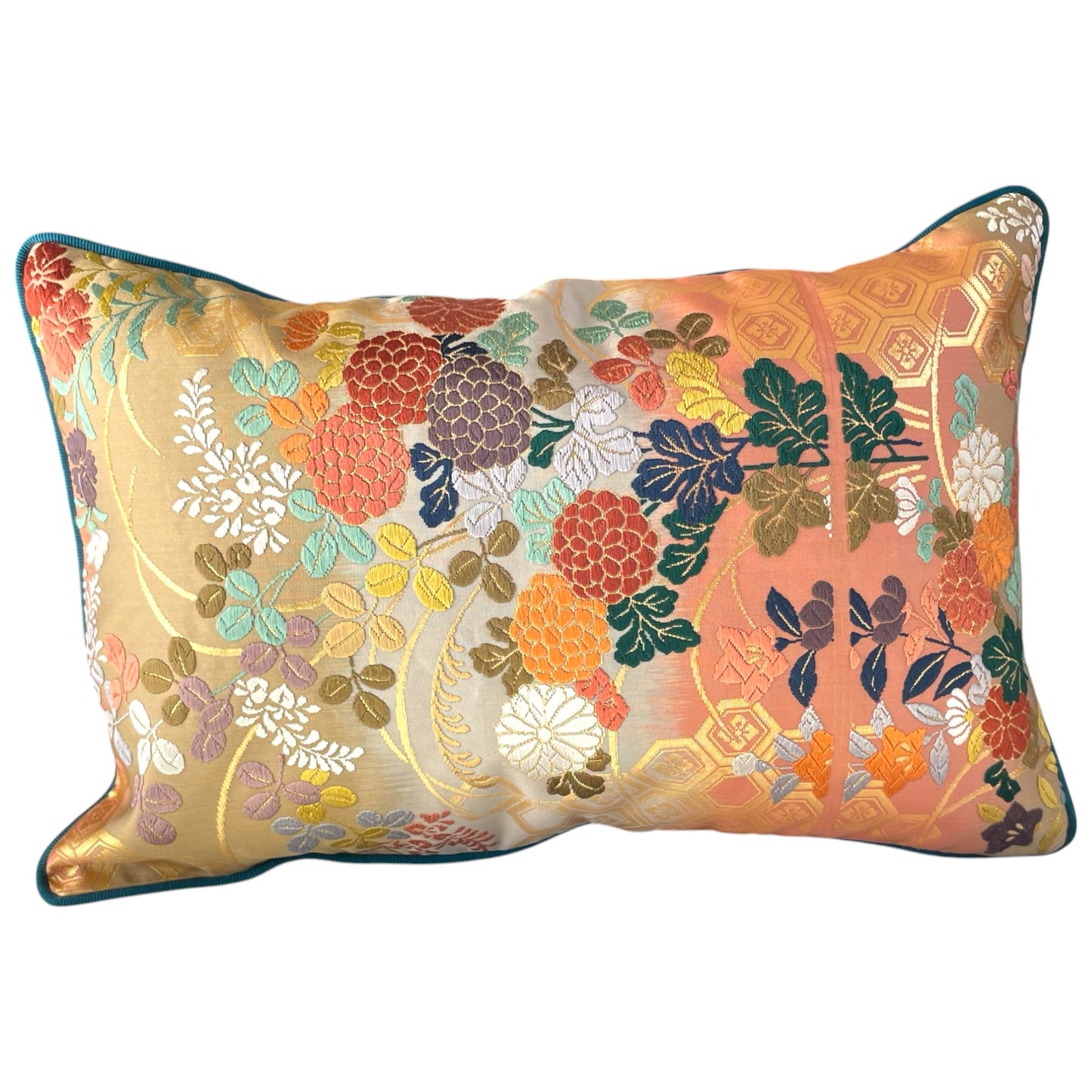 Obi-Kimono cushion : Botan (Peony) with sea green piping