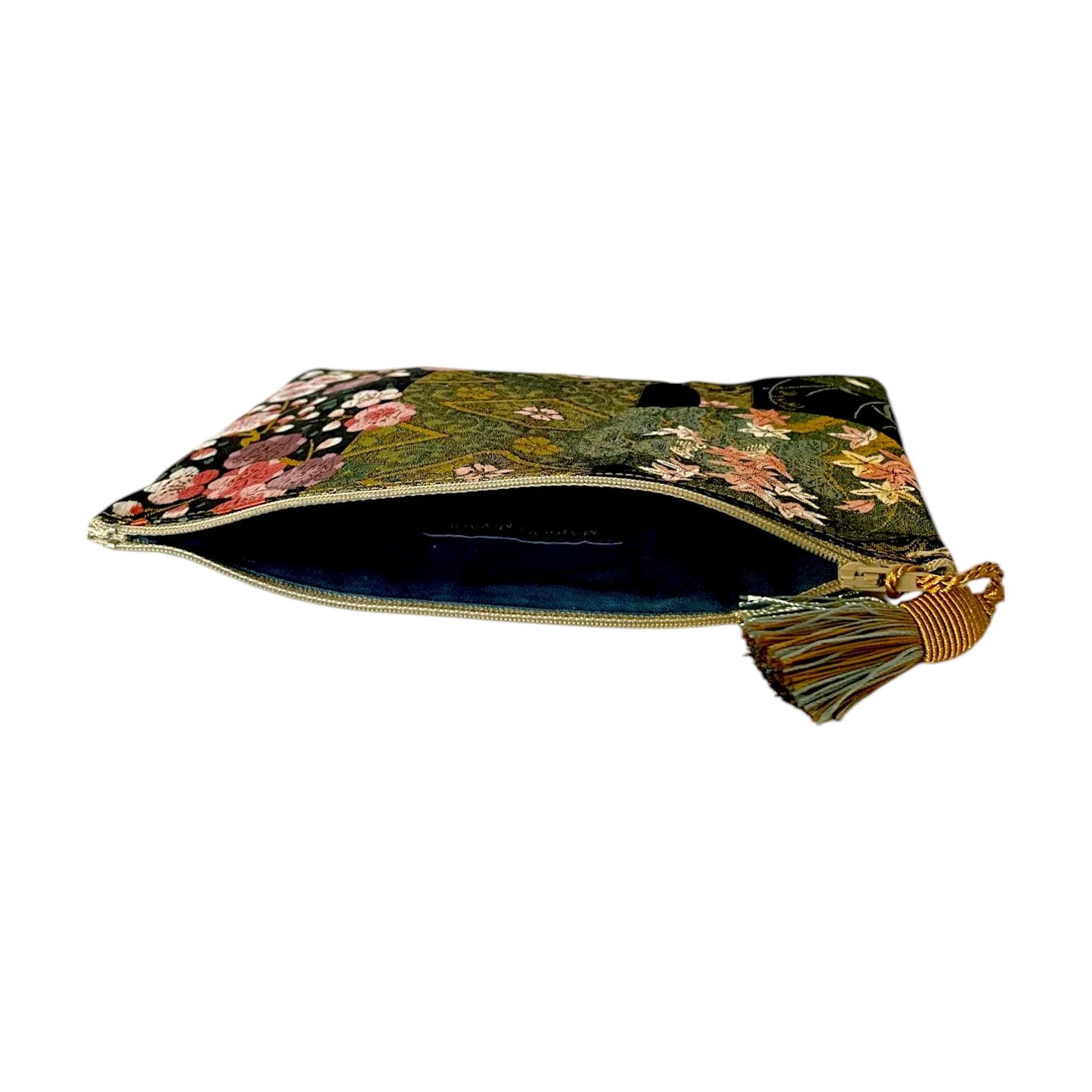 Floral vintage kimono fabric pouch with zipper and decorative tassel