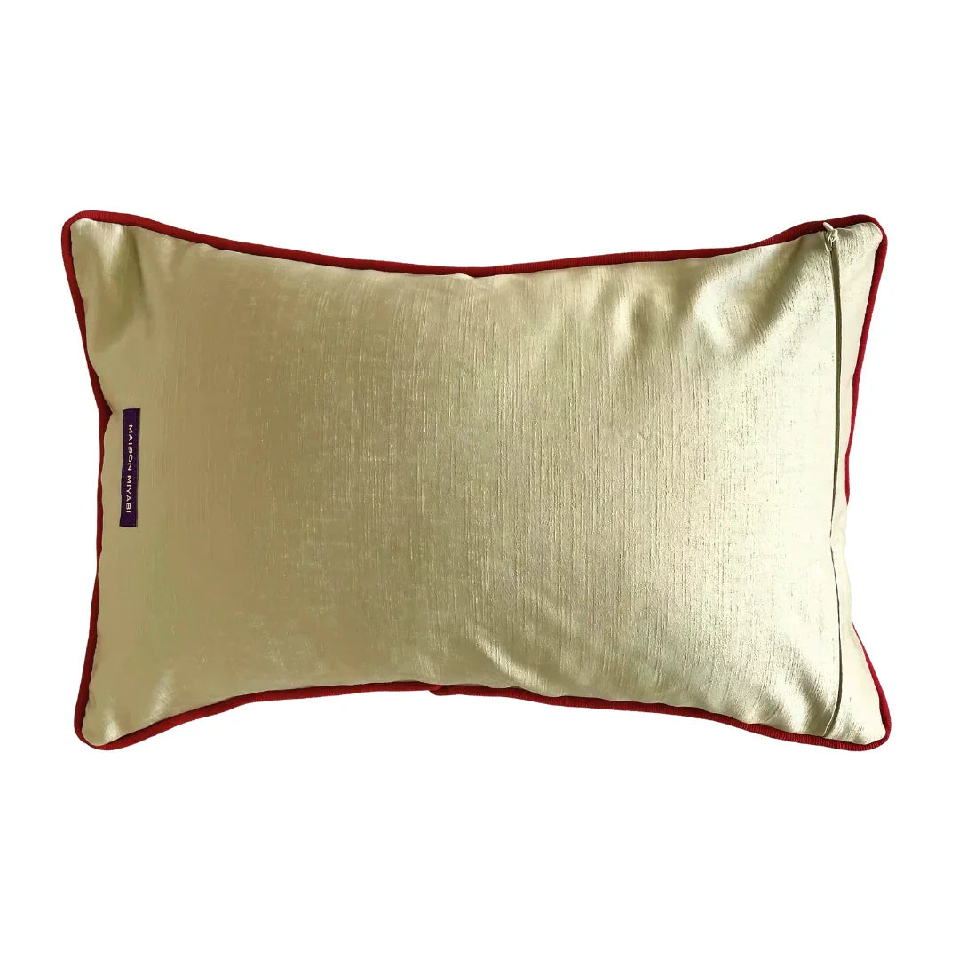 Vintage Obi-Kimono silk cushion with gold fabric and red trim, Japanese decorative pillow