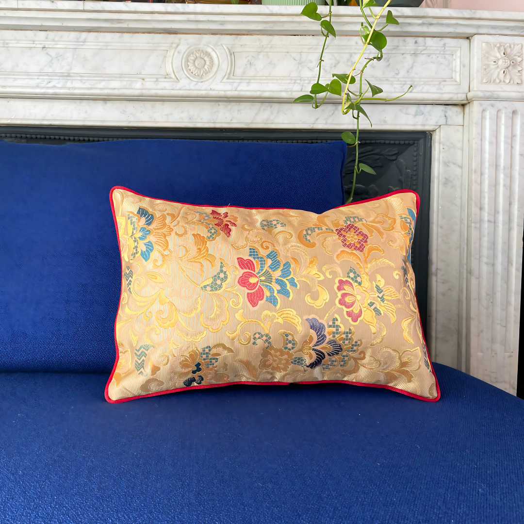 Coussin Obi-Kimono : Houou (Phoenix japonais) avec le passepoil framboise