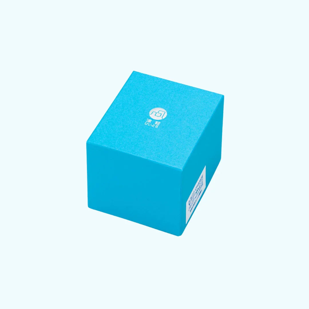 Elegant blue Japanese gift box with white kanji and minimalist design on light background