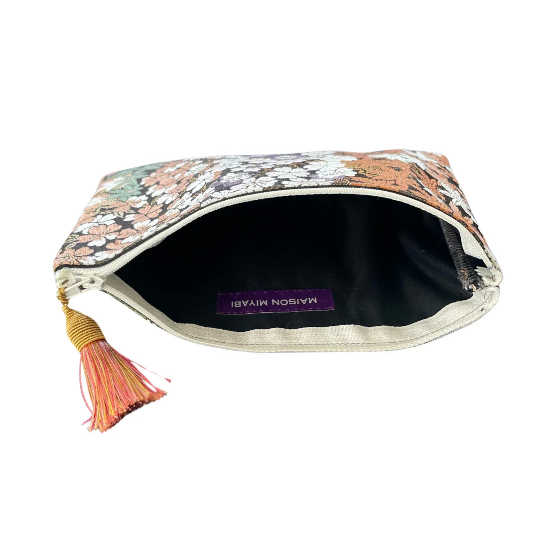 Vintage kimono obi floral pouch with zipper, tassel, and open black-lined interior