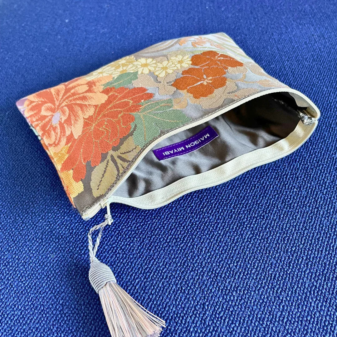 MAISON MIYABI Paris Obi Kimono vintage floral pouch with tassel, multicolor brocade