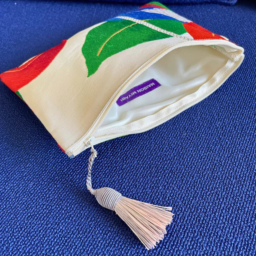 MAISON MIYABI Paris vintage Obi-Kimono pouch with tassel, cream and multicolor fabric