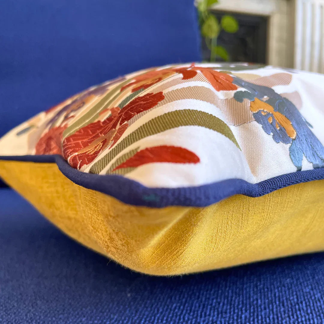 MAISON MIYABI Paris vintage Obi-Kimono cushion, floral embroidery, yellow silk