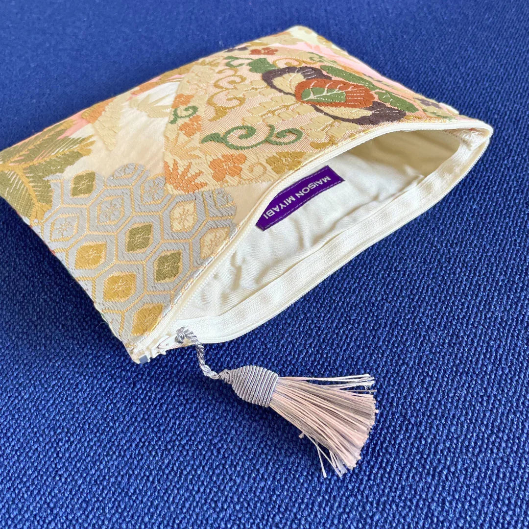 MAISON MIYABI Paris vintage Obi Kimono pouch with tassel, multicolor brocade fabric