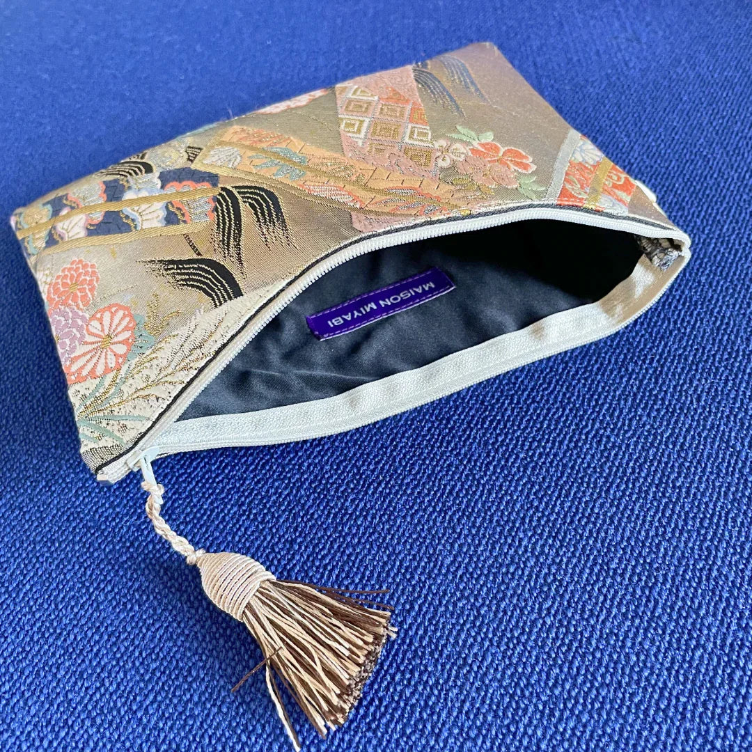 MAISON MIYABI Paris vintage Obi-Kimono clutch bag with gold and floral embroidery