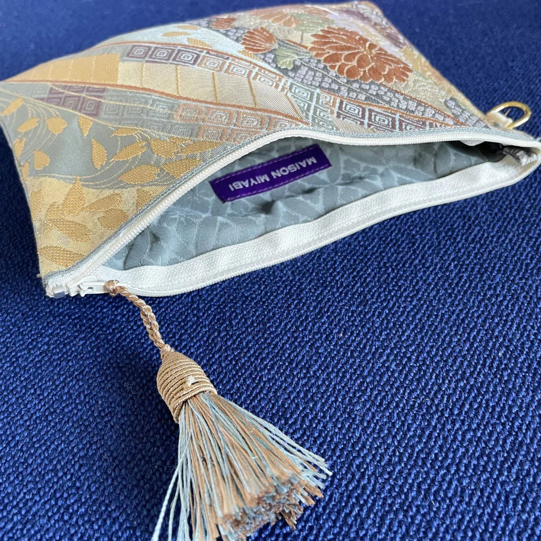 MAISON MIYABI Paris obi kimono clutch pouch with floral pattern and blue tassel