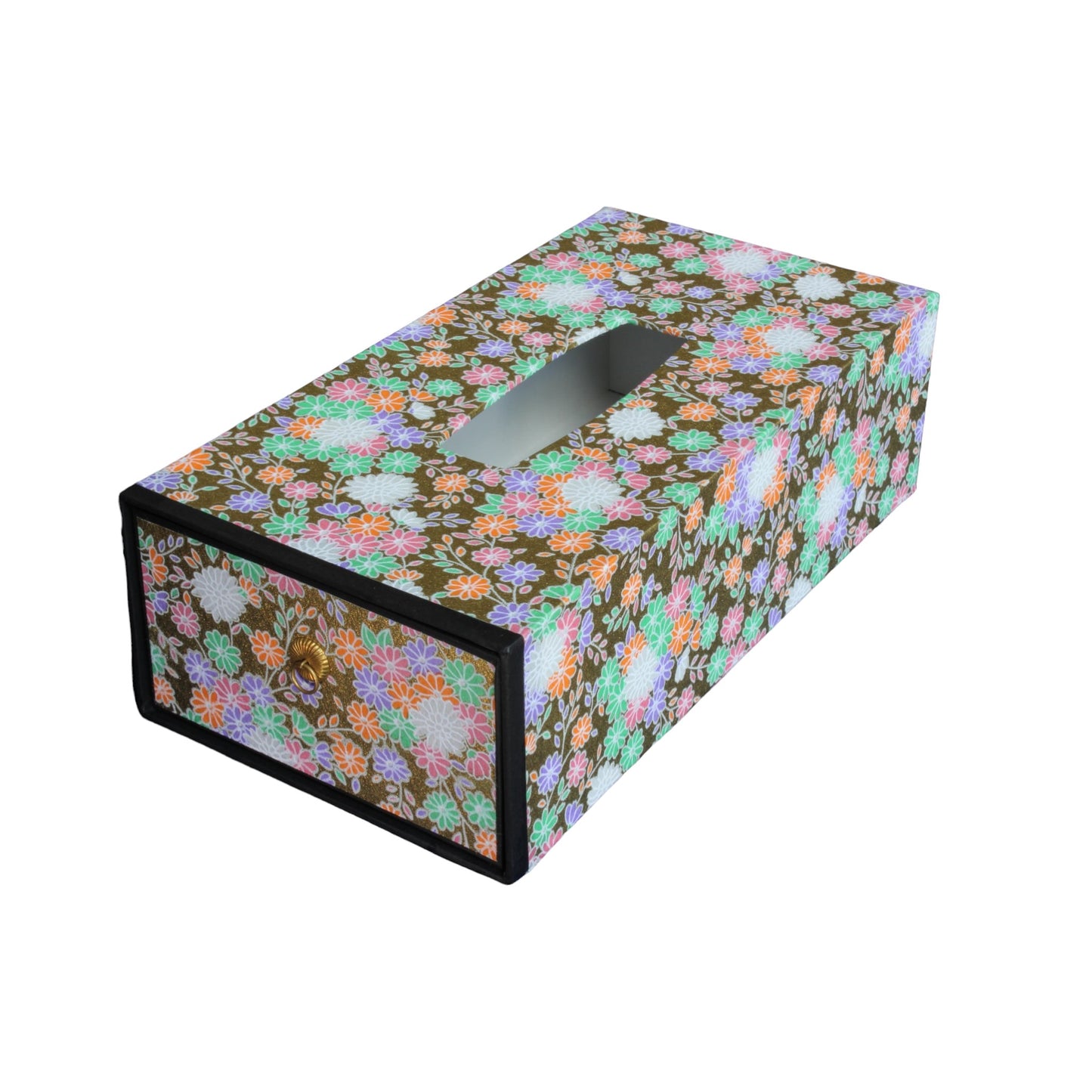 Washi tissue box, traditional Japanese paper: Multicolored flowers