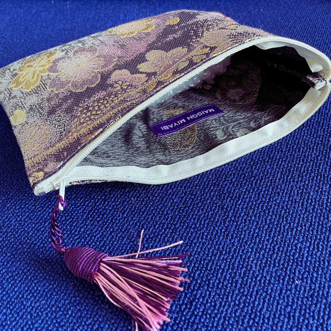MAISON MIYABI Paris vintage Obi Kimono pouch with floral pattern and purple tassel