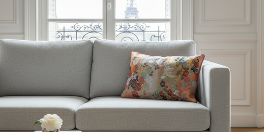 MAISON MIYABI's Kimono Silk Cushion: Botan (Peony) in Parisian haussmannian apartment