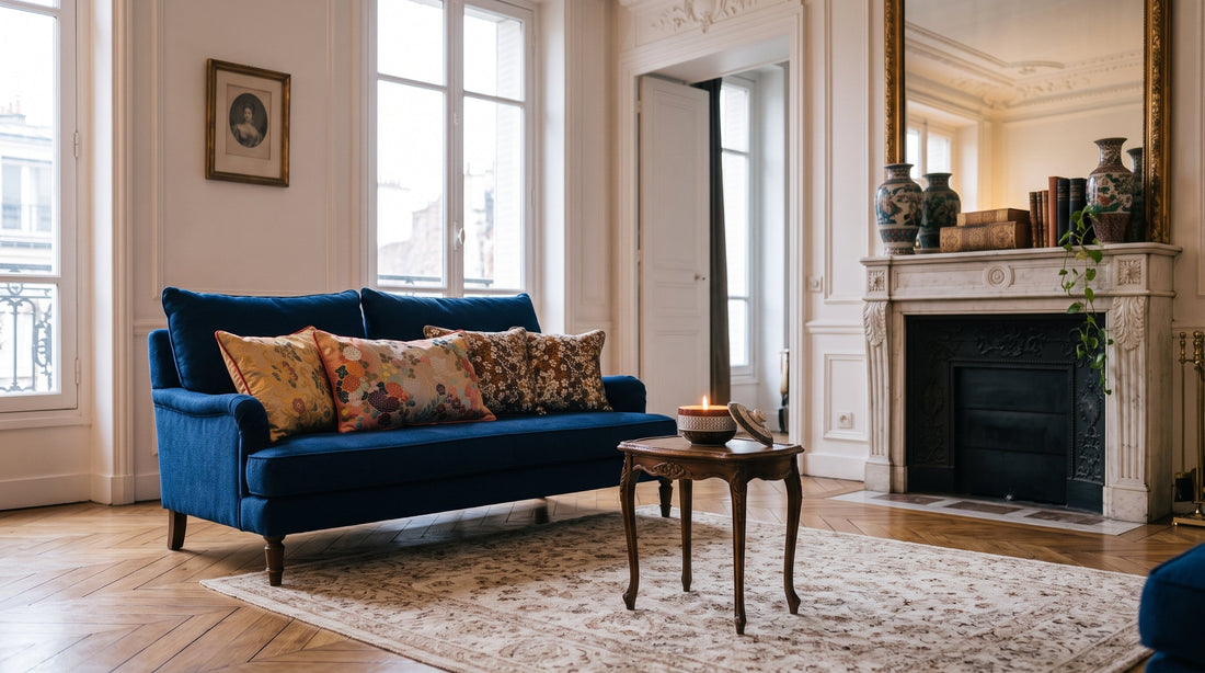 MAISON MIYABI's Obi-Kimono cushion (Peony) on the sofa in western apartment