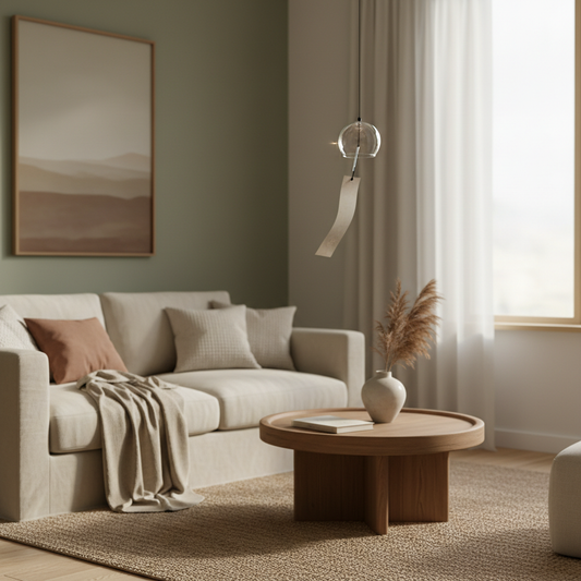 Soft sunlight illuminates a minimalist room with a Japanese wind chime near a window.