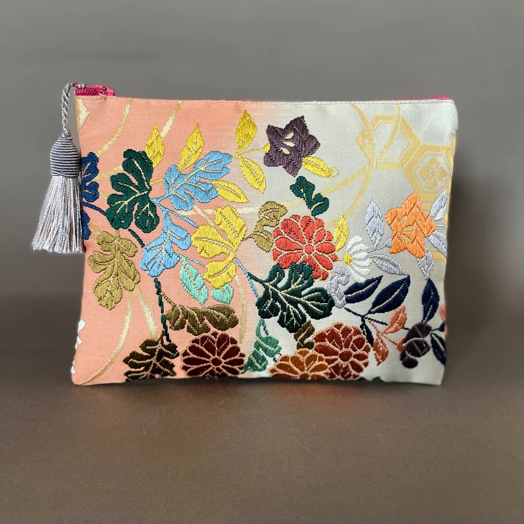 MAISON MIYABI Paris floral embroidered clutch bag vintage Obi Kimono silk multicolor