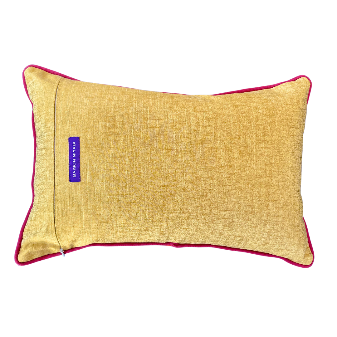 Back yellow textile picture Obikimono silk vintage cushion by MAISON MIYABI Paris