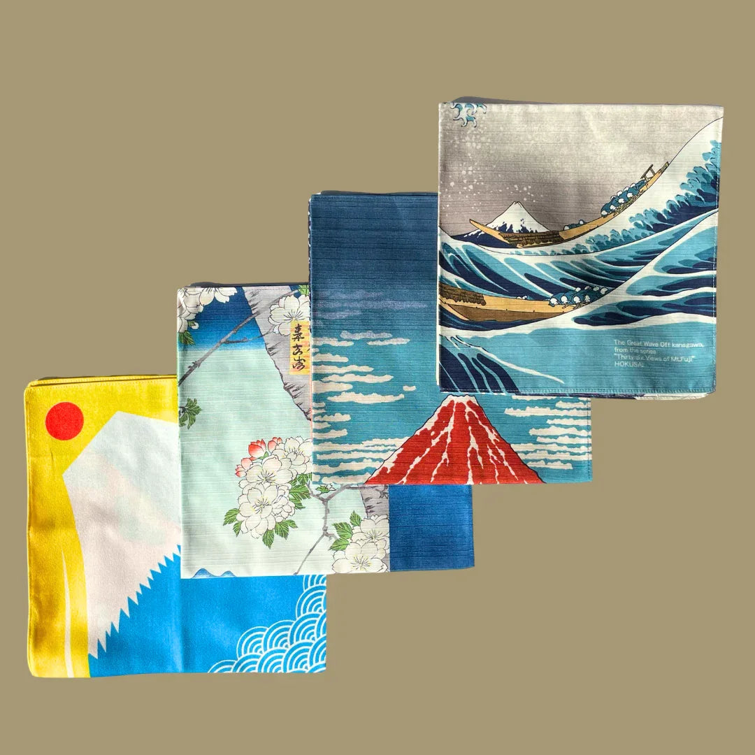 Japanese vintage Obi-Kimono cushions with iconic wave, Mt. Fuji, and floral designs
